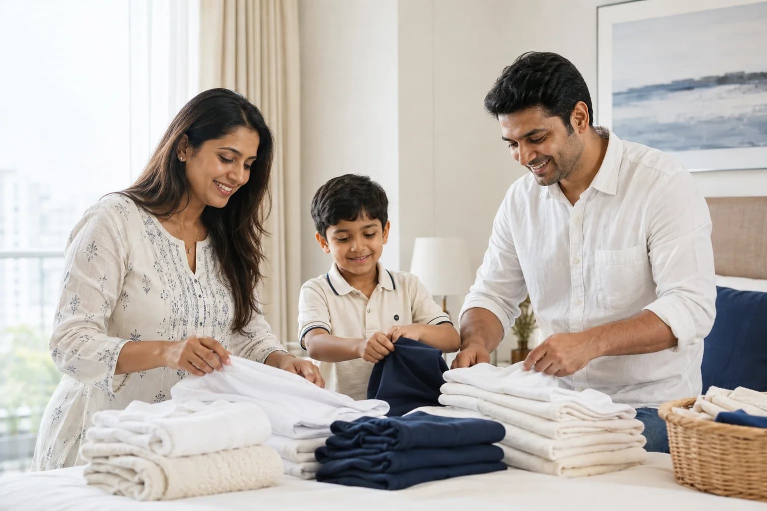 A family folding fresh clean laundry together at home