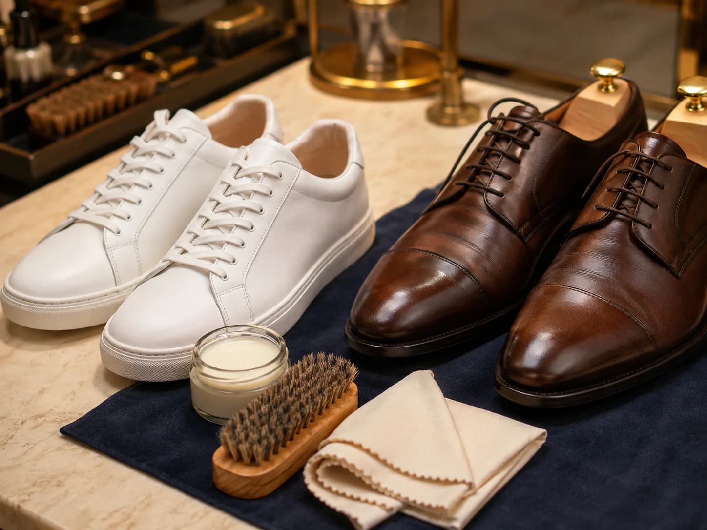 Sneakers and leather shoes arranged with professional care tools