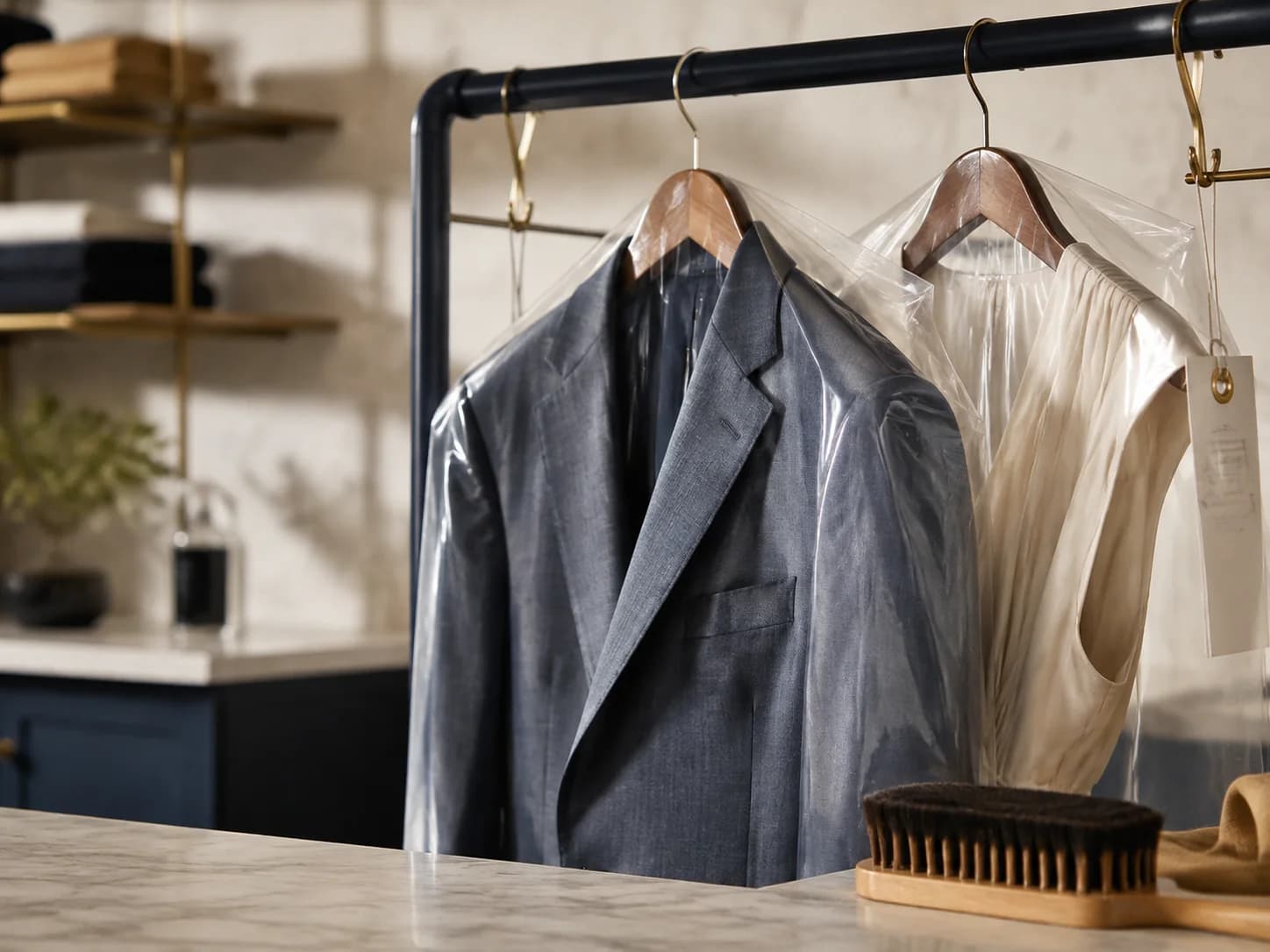 Tailored suit and dress protected for dry cleaning