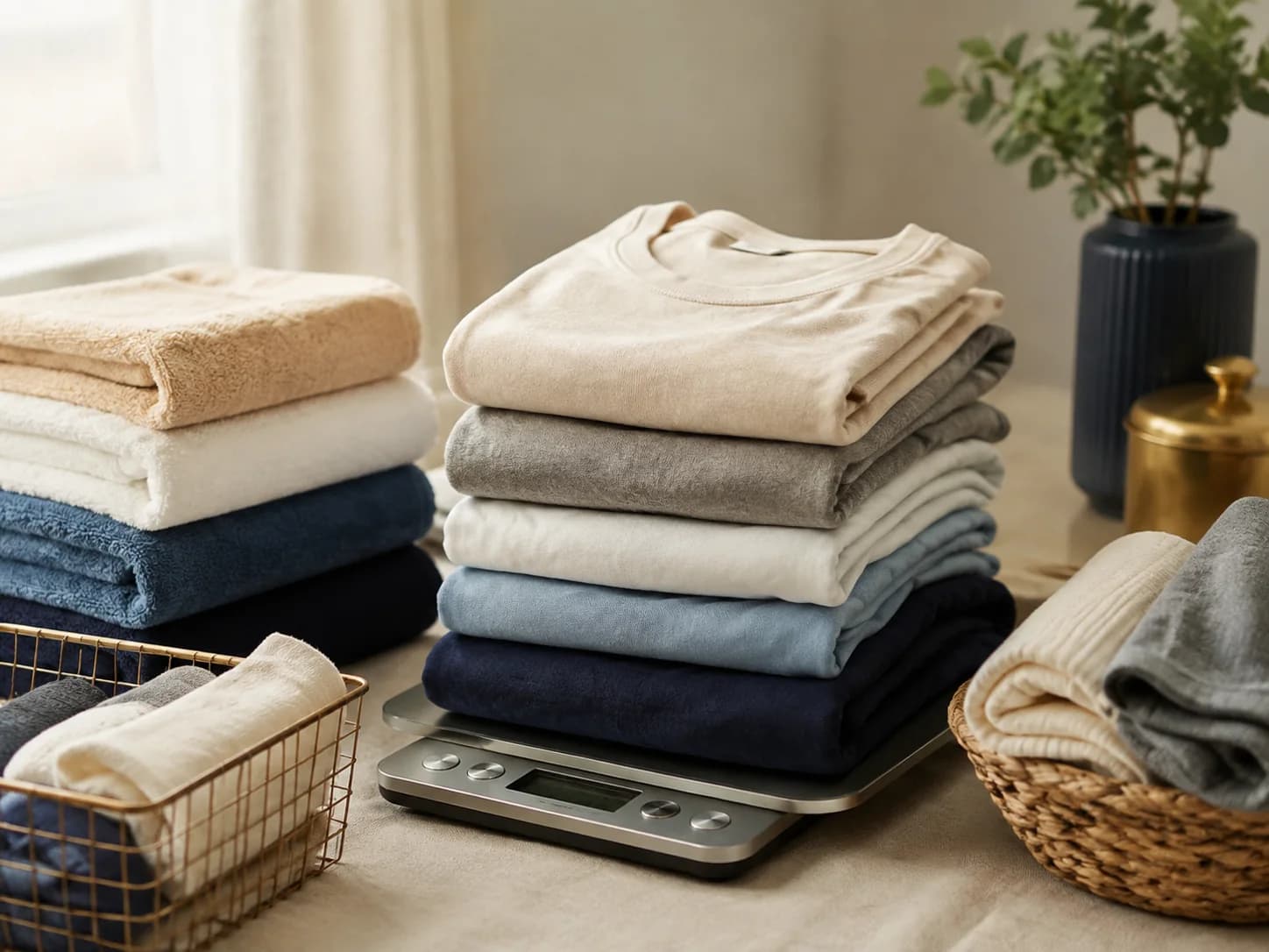 Folded everyday clothes and towels on a laundry scale
