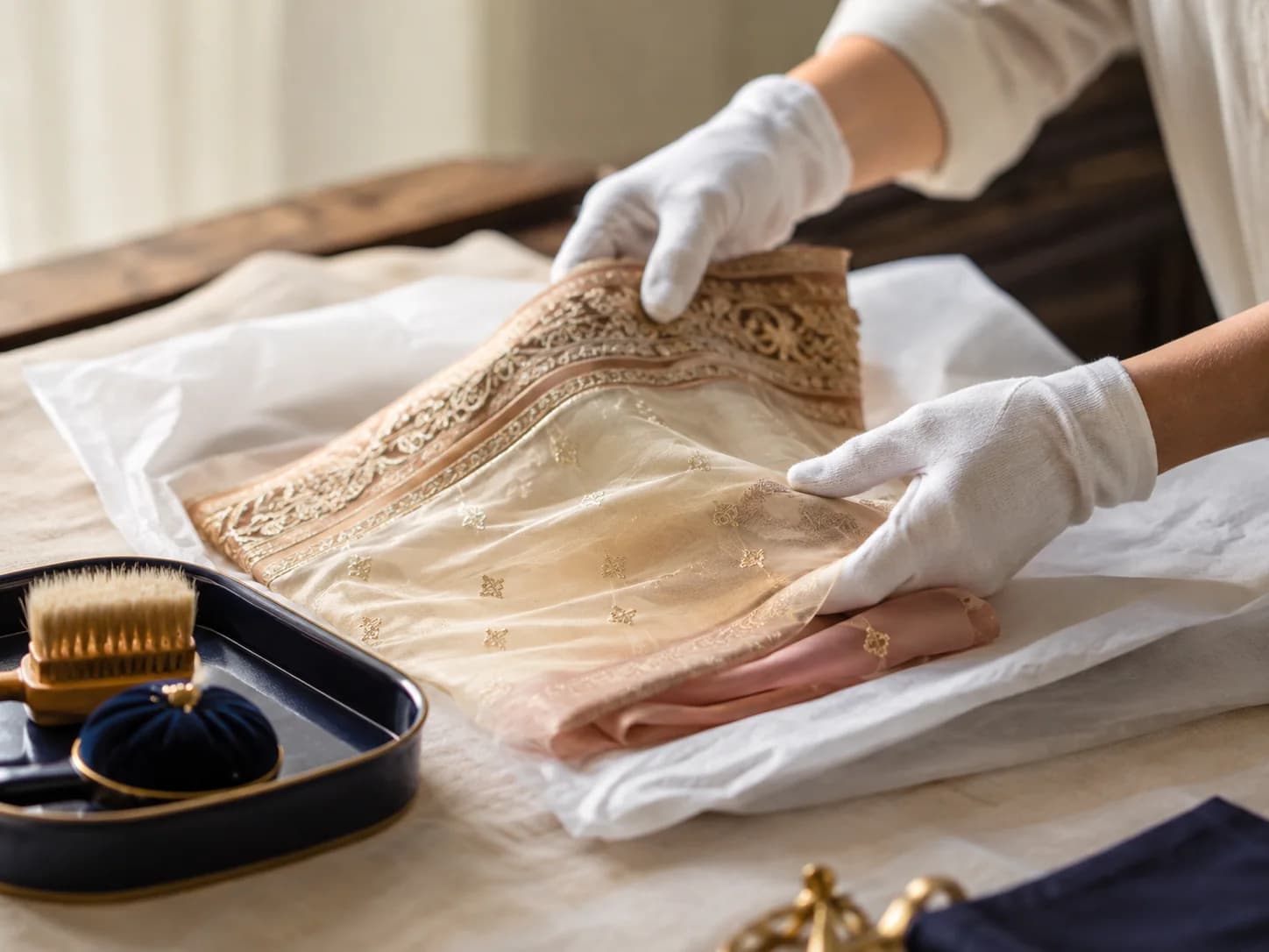 Delicate embroidered fabric handled with white gloves